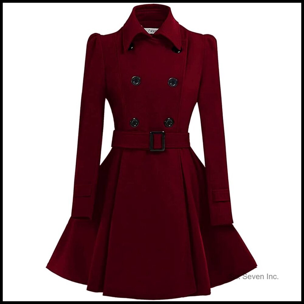 Wool Pea Coat with Belt, Double Breasted, Fitted Flared Overcoat for Winter - Picture 1 of 7